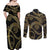 Hawaiian Kakau Art and Hisbiscus Tattoo Couples Matching Off Shoulder Maxi Dress and Long Sleeve Button Shirt Tribal Pattern-Gold Style - Polynesian Pride