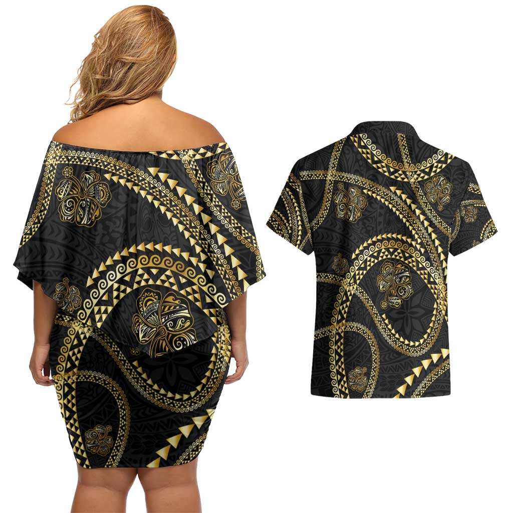 Hawaiian Kakau Art and Hisbiscus Tattoo Couples Matching Off Shoulder Short Dress and Hawaiian Shirt Tribal Pattern-Gold Style - Polynesian Pride