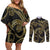 Hawaiian Kakau Art and Hisbiscus Tattoo Couples Matching Off Shoulder Short Dress and Long Sleeve Button Shirt Tribal Pattern-Gold Style - Polynesian Pride