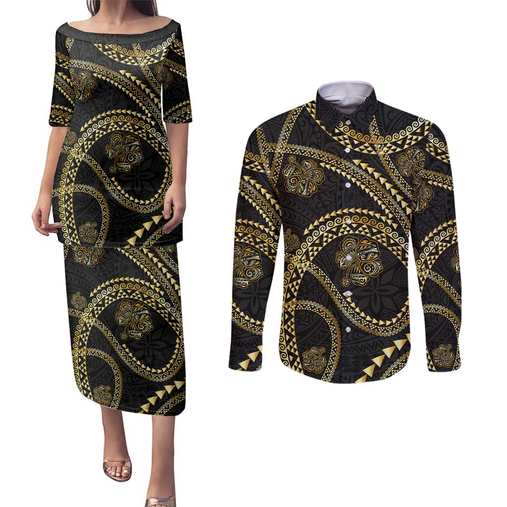 Hawaiian Kakau Art and Hisbiscus Tattoo Couples Matching Puletasi and Long Sleeve Button Shirt Tribal Pattern-Gold Style - Polynesian Pride