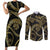 Hawaiian Kakau Art and Hisbiscus Tattoo Couples Matching Short Sleeve Bodycon Dress and Long Sleeve Button Shirt Tribal Pattern-Gold Style - Polynesian Pride