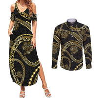 Hawaiian Kakau Art and Hisbiscus Tattoo Couples Matching Summer Maxi Dress and Long Sleeve Button Shirt Tribal Pattern-Gold Style - Polynesian Pride