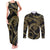 Hawaiian Kakau Art and Hisbiscus Tattoo Couples Matching Tank Maxi Dress and Long Sleeve Button Shirt Tribal Pattern-Gold Style - Polynesian Pride