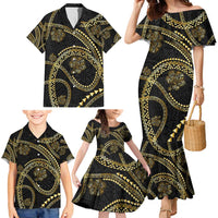Hawaiian Kakau Art and Hisbiscus Tattoo Family Matching Mermaid Dress and Hawaiian Shirt Tribal Pattern-Gold Style - Polynesian Pride