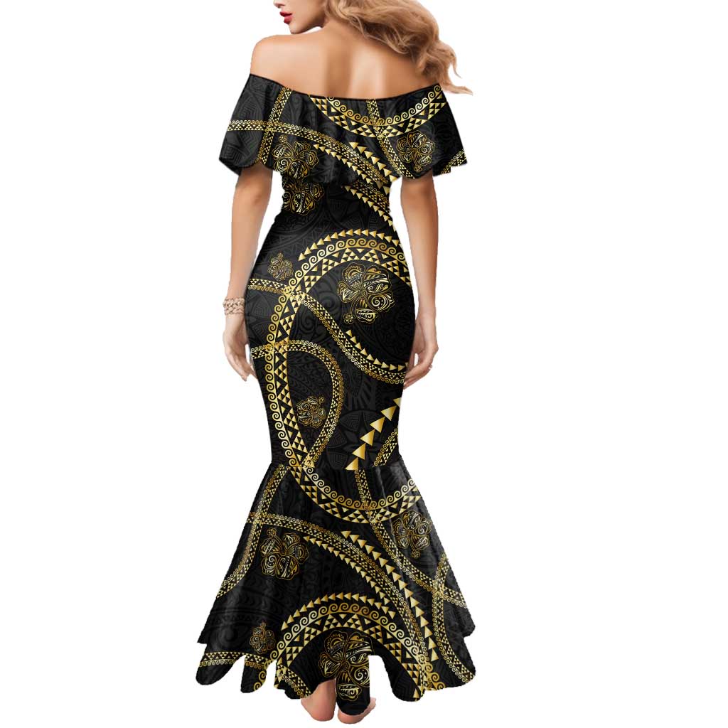 Hawaiian Kakau Art and Hisbiscus Tattoo Family Matching Mermaid Dress and Hawaiian Shirt Tribal Pattern-Gold Style - Polynesian Pride