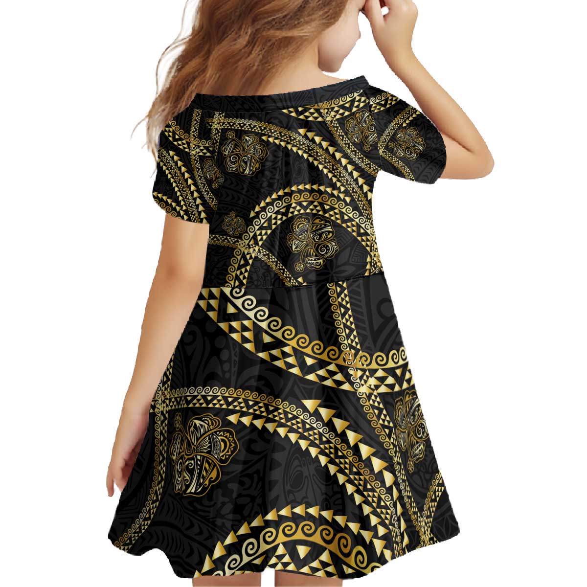 Hawaiian Kakau Art and Hisbiscus Tattoo Family Matching Off The Shoulder Long Sleeve Dress and Hawaiian Shirt Tribal Pattern-Gold Style - Polynesian Pride