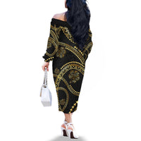 Hawaiian Kakau Art and Hisbiscus Tattoo Family Matching Off The Shoulder Long Sleeve Dress and Hawaiian Shirt Tribal Pattern-Gold Style - Polynesian Pride