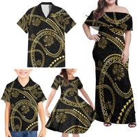 Hawaiian Kakau Art and Hisbiscus Tattoo Family Matching Off Shoulder Maxi Dress and Hawaiian Shirt Tribal Pattern-Gold Style - Polynesian Pride