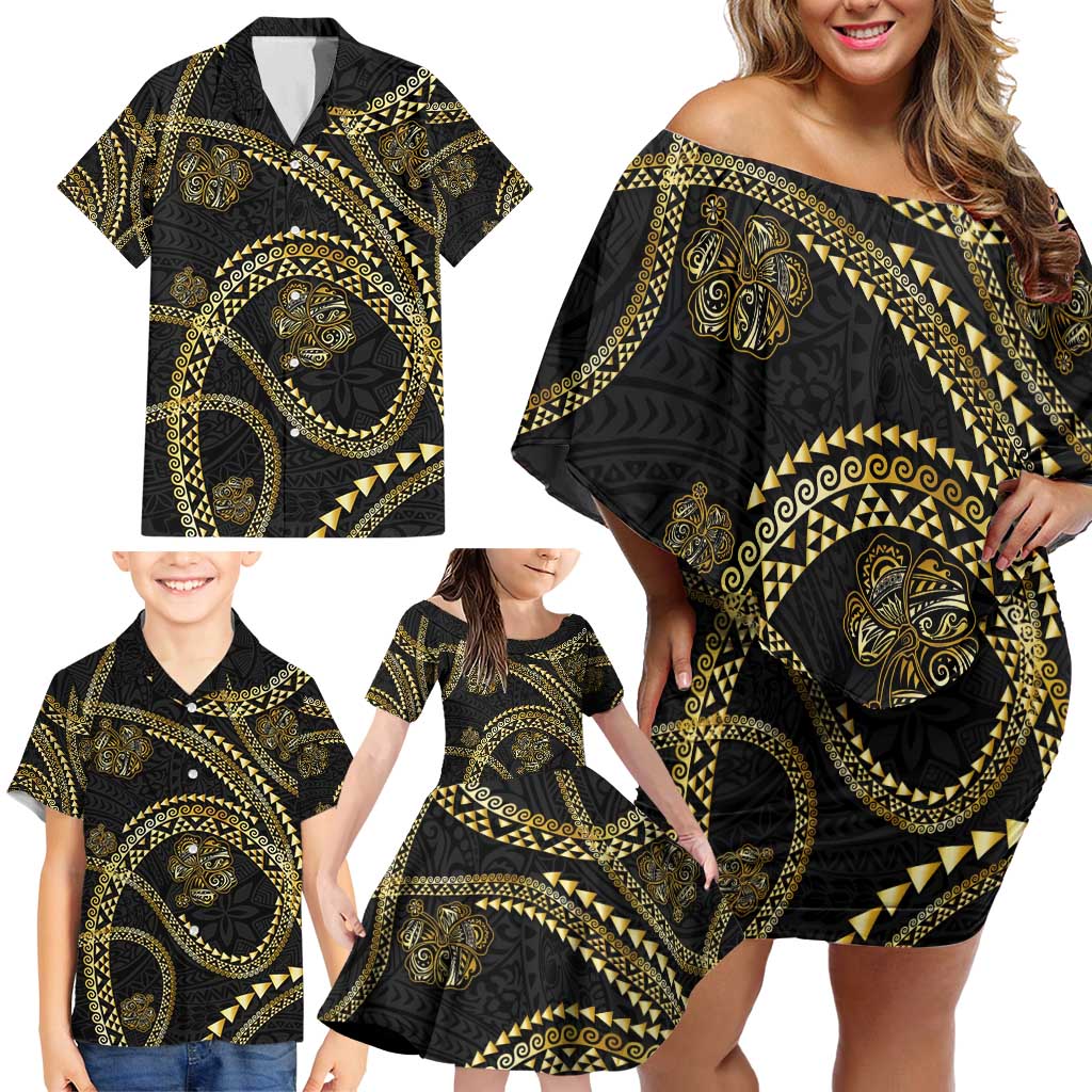 Hawaiian Kakau Art and Hisbiscus Tattoo Family Matching Off Shoulder Short Dress and Hawaiian Shirt Tribal Pattern-Gold Style - Polynesian Pride