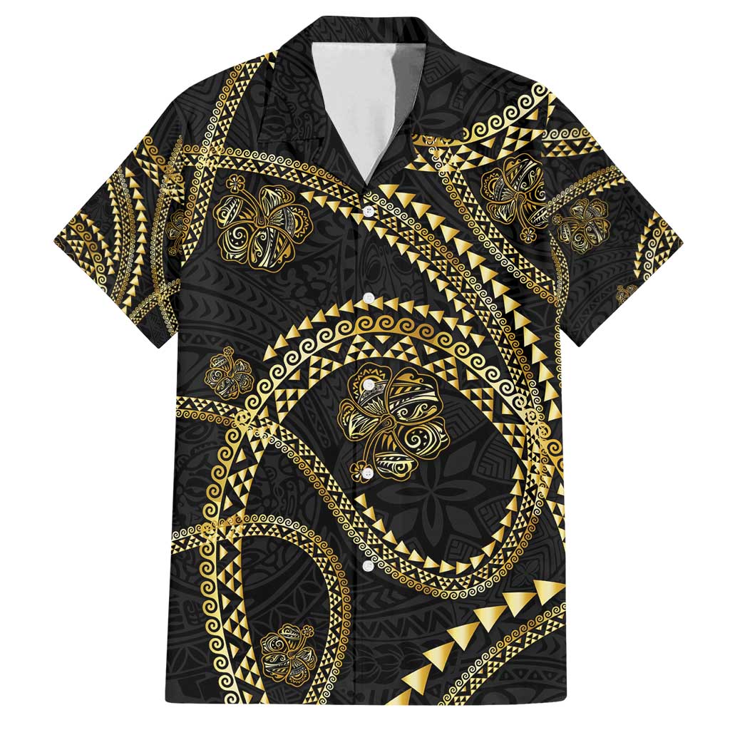 Hawaiian Kakau Art and Hisbiscus Tattoo Family Matching Off Shoulder Short Dress and Hawaiian Shirt Tribal Pattern-Gold Style - Polynesian Pride