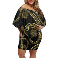 Hawaiian Kakau Art and Hisbiscus Tattoo Family Matching Off Shoulder Short Dress and Hawaiian Shirt Tribal Pattern-Gold Style - Polynesian Pride