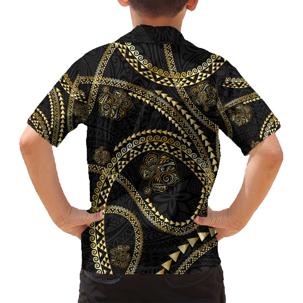 Hawaiian Kakau Art and Hisbiscus Tattoo Family Matching Puletasi and Hawaiian Shirt Tribal Pattern-Gold Style - Polynesian Pride