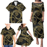 Hawaiian Kakau Art and Hisbiscus Tattoo Family Matching Puletasi and Hawaiian Shirt Tribal Pattern-Gold Style - Polynesian Pride