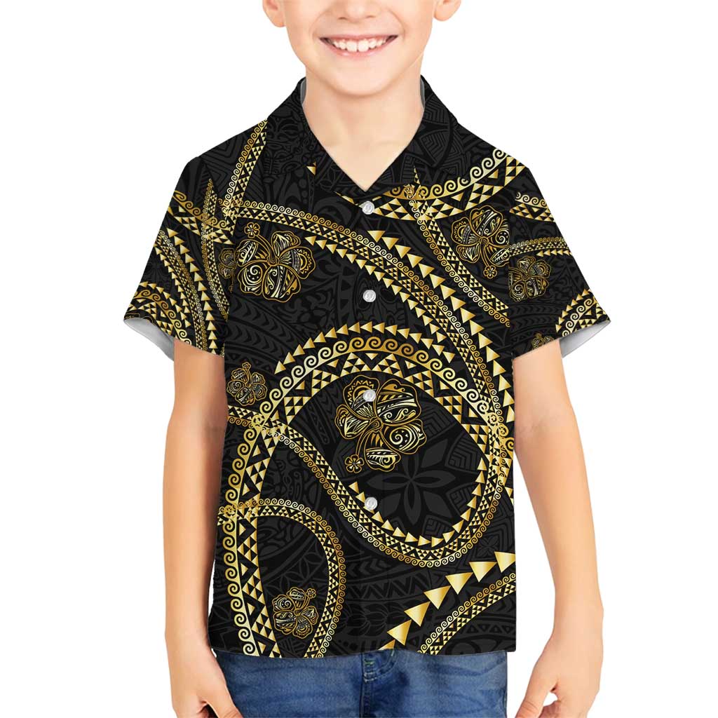 Hawaiian Kakau Art and Hisbiscus Tattoo Family Matching Puletasi and Hawaiian Shirt Tribal Pattern-Gold Style - Polynesian Pride