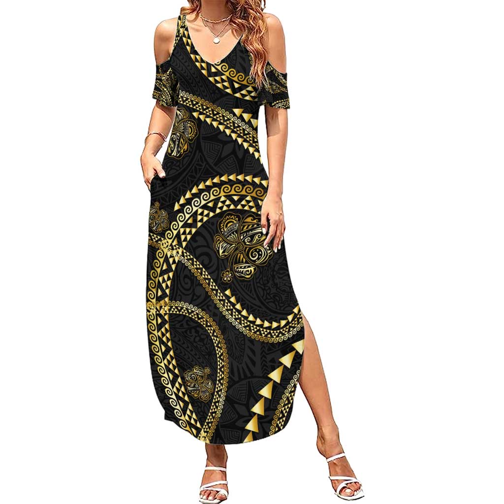 Hawaiian Kakau Art and Hisbiscus Tattoo Family Matching Summer Maxi Dress and Hawaiian Shirt Tribal Pattern-Gold Style - Polynesian Pride