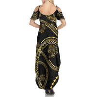 Hawaiian Kakau Art and Hisbiscus Tattoo Family Matching Summer Maxi Dress and Hawaiian Shirt Tribal Pattern-Gold Style - Polynesian Pride