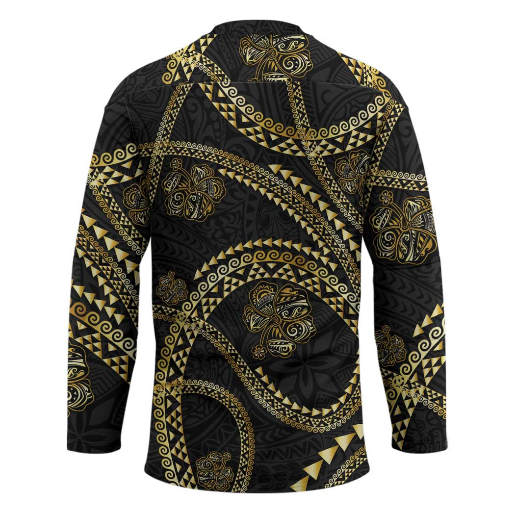 Hawaiian Kakau Art and Hisbiscus Tattoo Hockey Jersey Tribal Pattern-Gold Style - Polynesian Pride