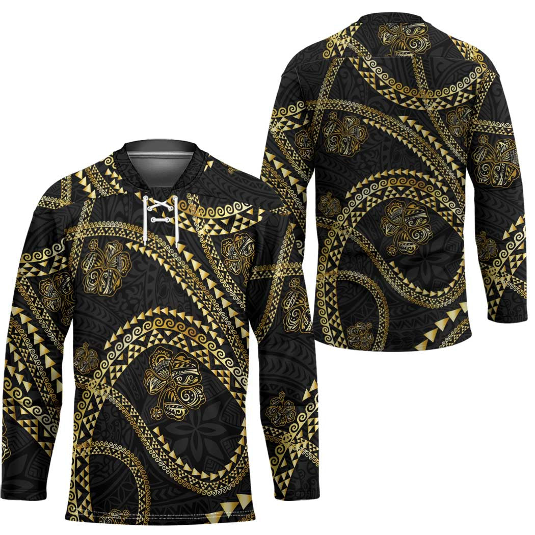 Hawaiian Kakau Art and Hisbiscus Tattoo Hockey Jersey Tribal Pattern-Gold Style - Polynesian Pride