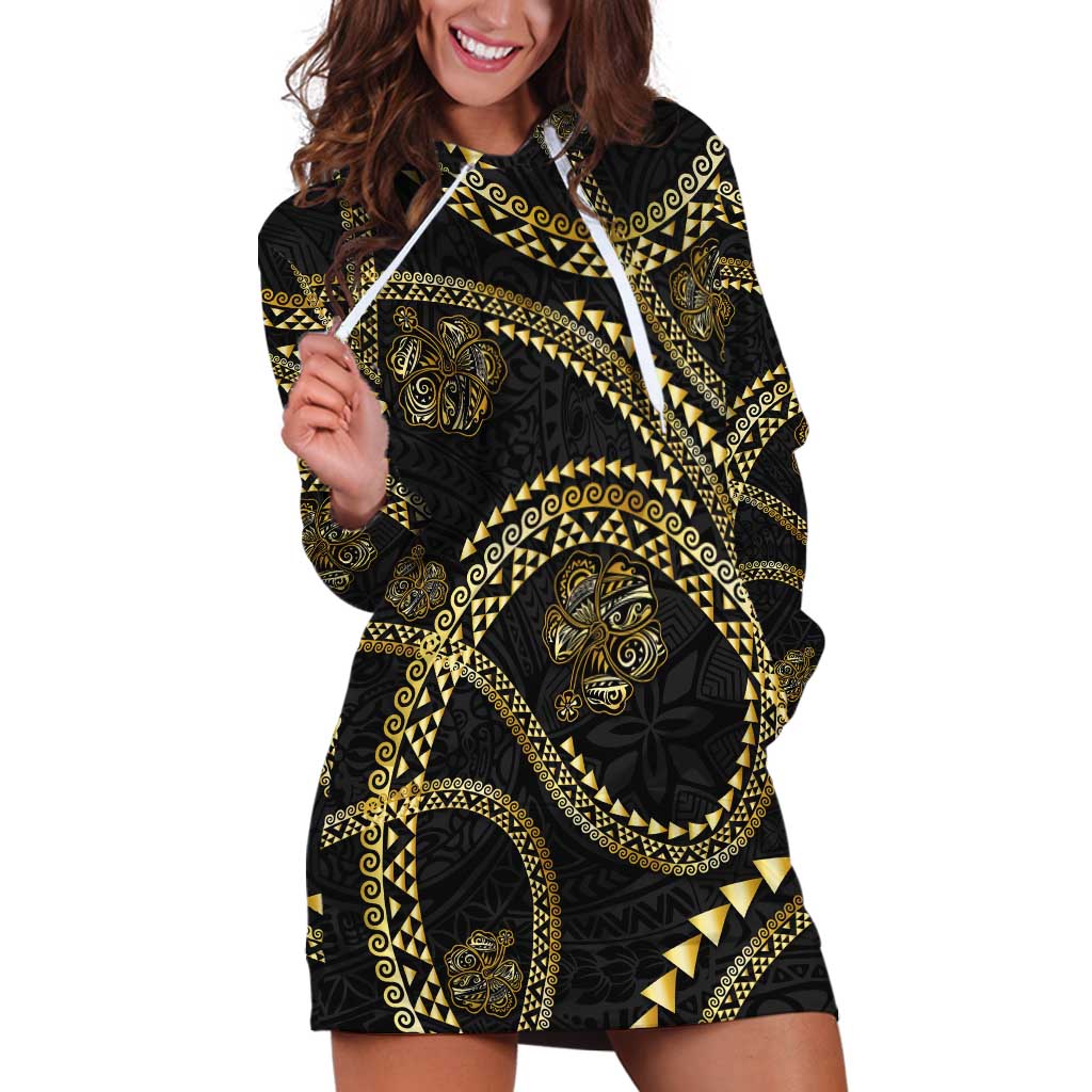 Hawaiian Kakau Art and Hisbiscus Tattoo Hoodie Dress Tribal Pattern-Gold Style - Polynesian Pride