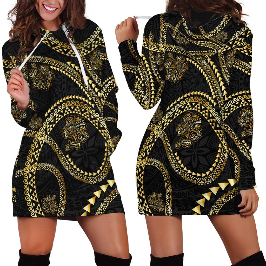 Hawaiian Kakau Art and Hisbiscus Tattoo Hoodie Dress Tribal Pattern-Gold Style - Polynesian Pride