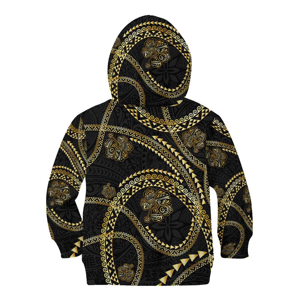 Hawaiian Kakau Art and Hisbiscus Tattoo Kid Hoodie Tribal Pattern-Gold Style - Polynesian Pride
