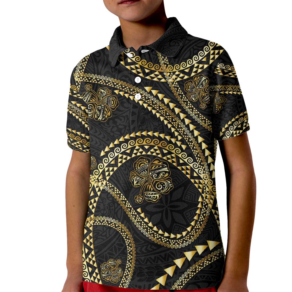 Hawaiian Kakau Art and Hisbiscus Tattoo Kid Polo Shirt Tribal Pattern-Gold Style - Polynesian Pride