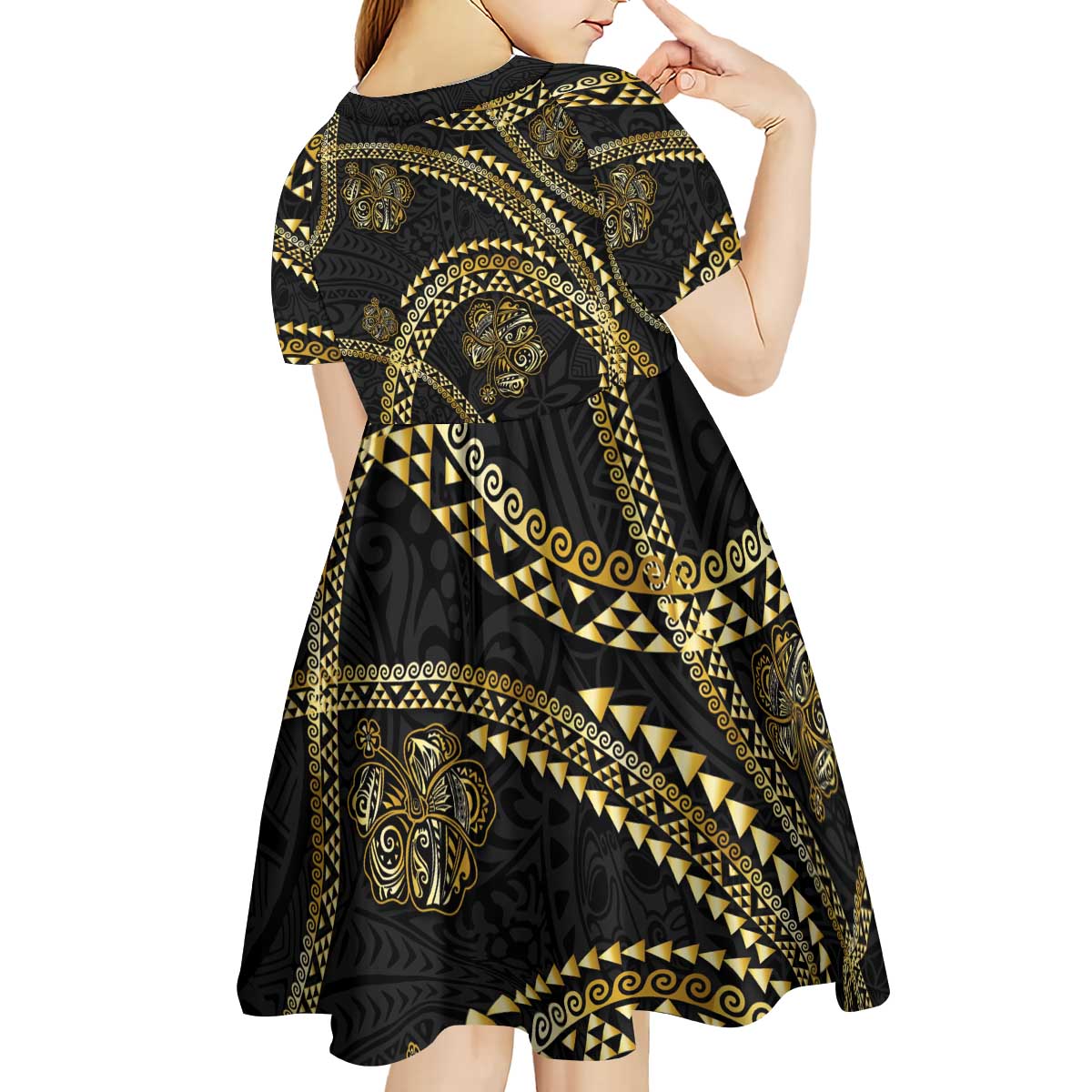 Hawaiian Kakau Art and Hisbiscus Tattoo Kid Short Sleeve Dress Tribal Pattern-Gold Style - Polynesian Pride