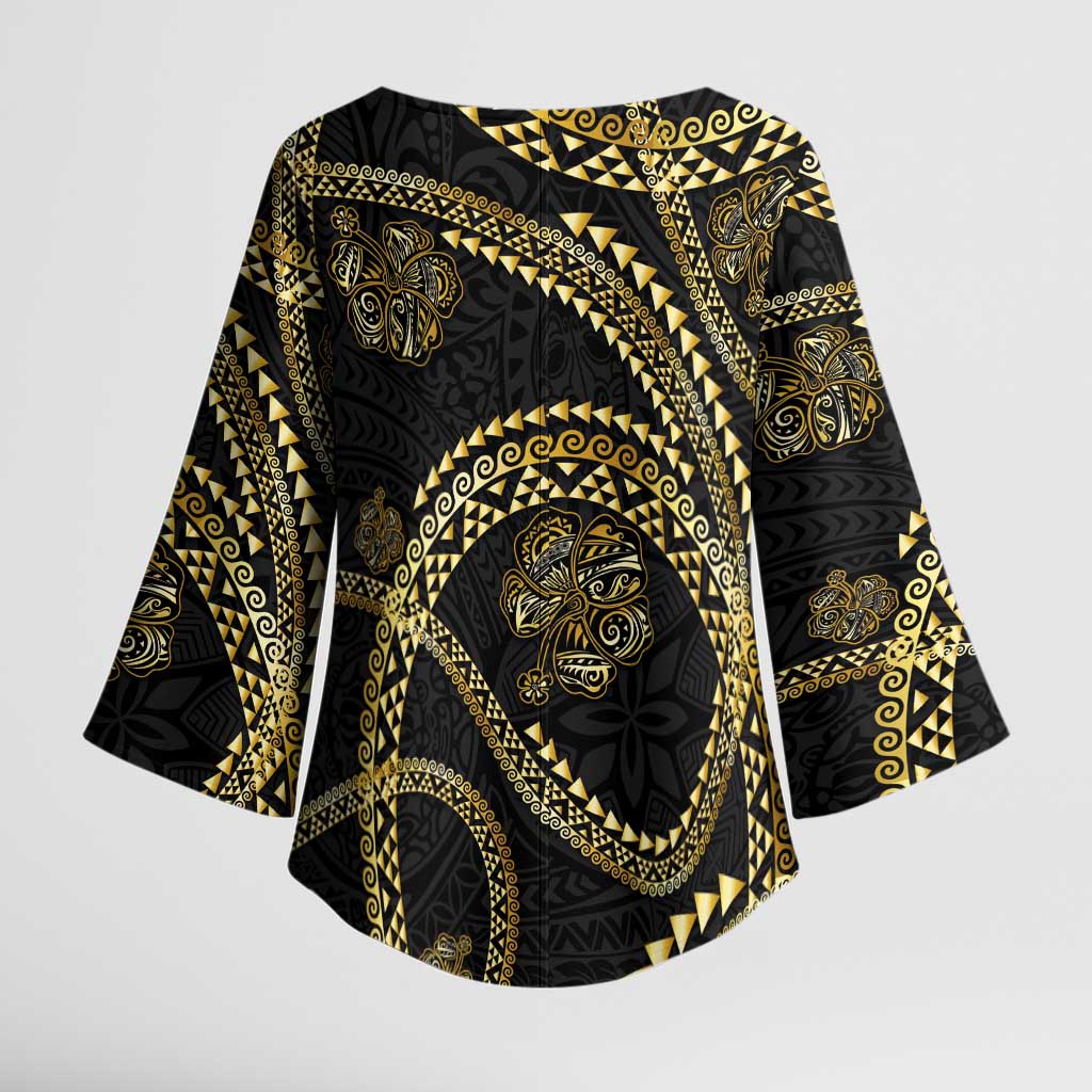 Hawaiian Kakau Art and Hisbiscus Tattoo Kimono Sleeve Blouse Tribal Pattern-Gold Style - Polynesian Pride