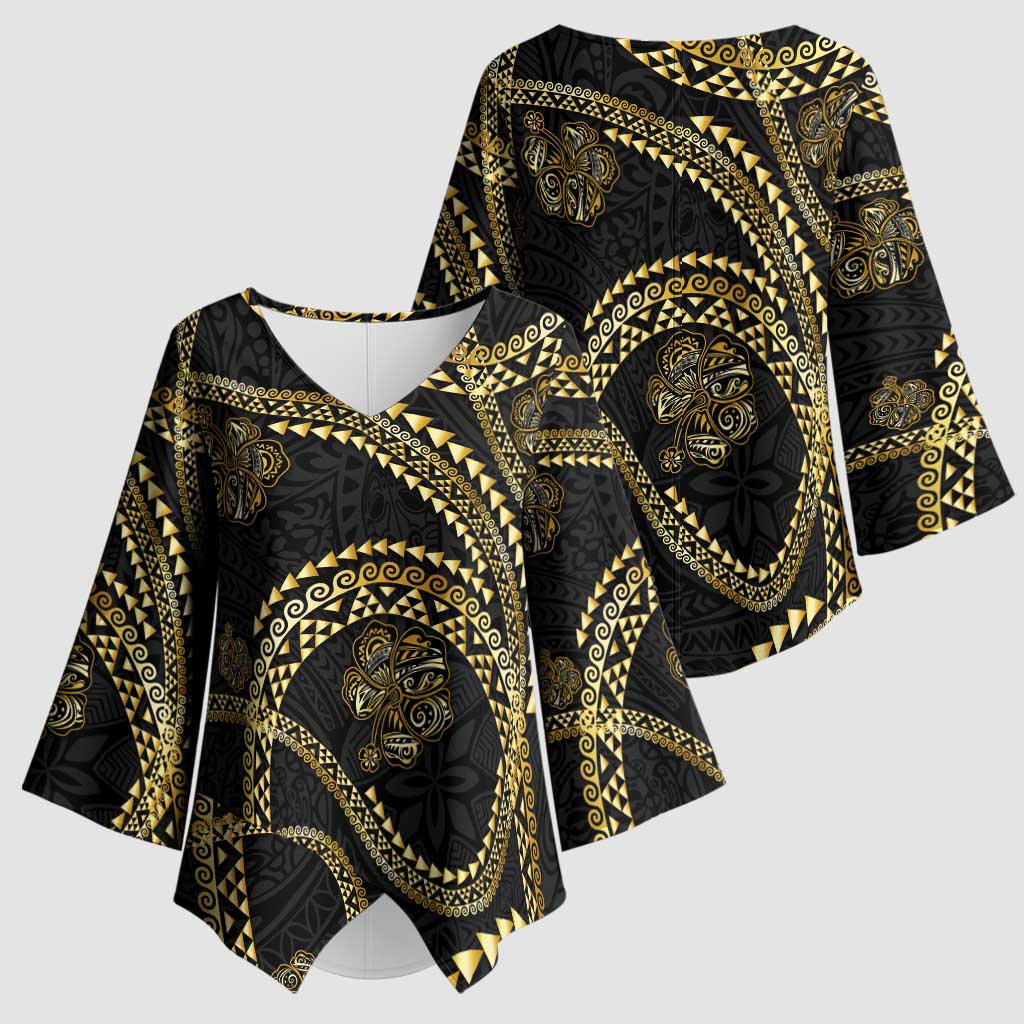 Hawaiian Kakau Art and Hisbiscus Tattoo Kimono Sleeve Blouse Tribal Pattern-Gold Style - Polynesian Pride