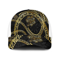 Hawaiian Kakau Art and Hisbiscus Tattoo Mesh Trucker Cap Tribal Pattern-Gold Style - Polynesian Pride