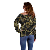 Hawaiian Kakau Art and Hisbiscus Tattoo Off Shoulder Sweater Tribal Pattern-Gold Style - Polynesian Pride