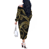 Hawaiian Kakau Art and Hisbiscus Tattoo Off The Shoulder Long Sleeve Dress Tribal Pattern-Gold Style - Polynesian Pride