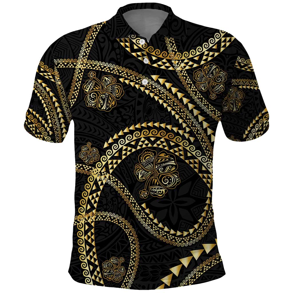 Hawaiian Kakau Art and Hisbiscus Tattoo Polo Shirt Tribal Pattern-Gold Style - Polynesian Pride