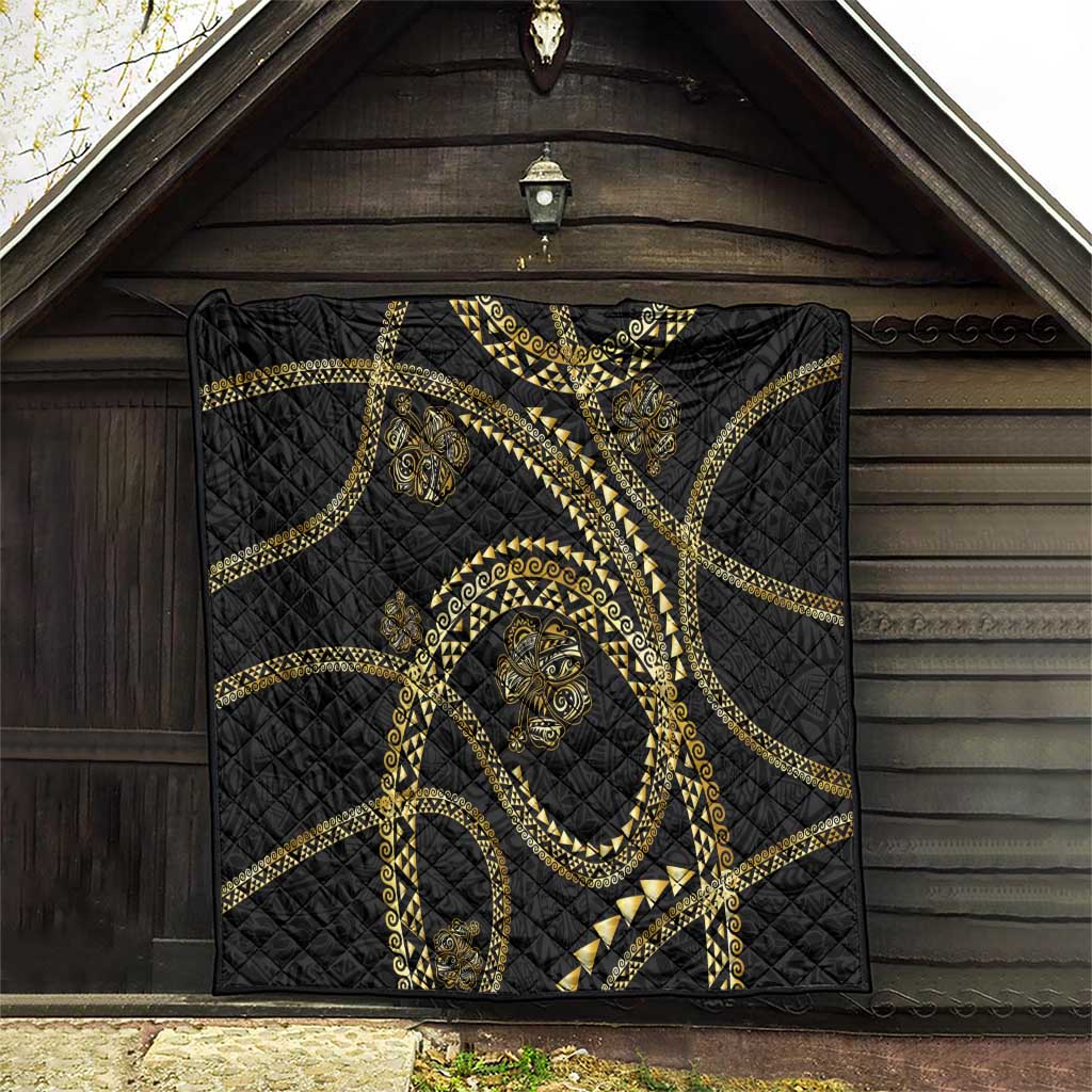 Hawaiian Kakau Art and Hisbiscus Tattoo Quilt Tribal Pattern-Gold Style - Polynesian Pride
