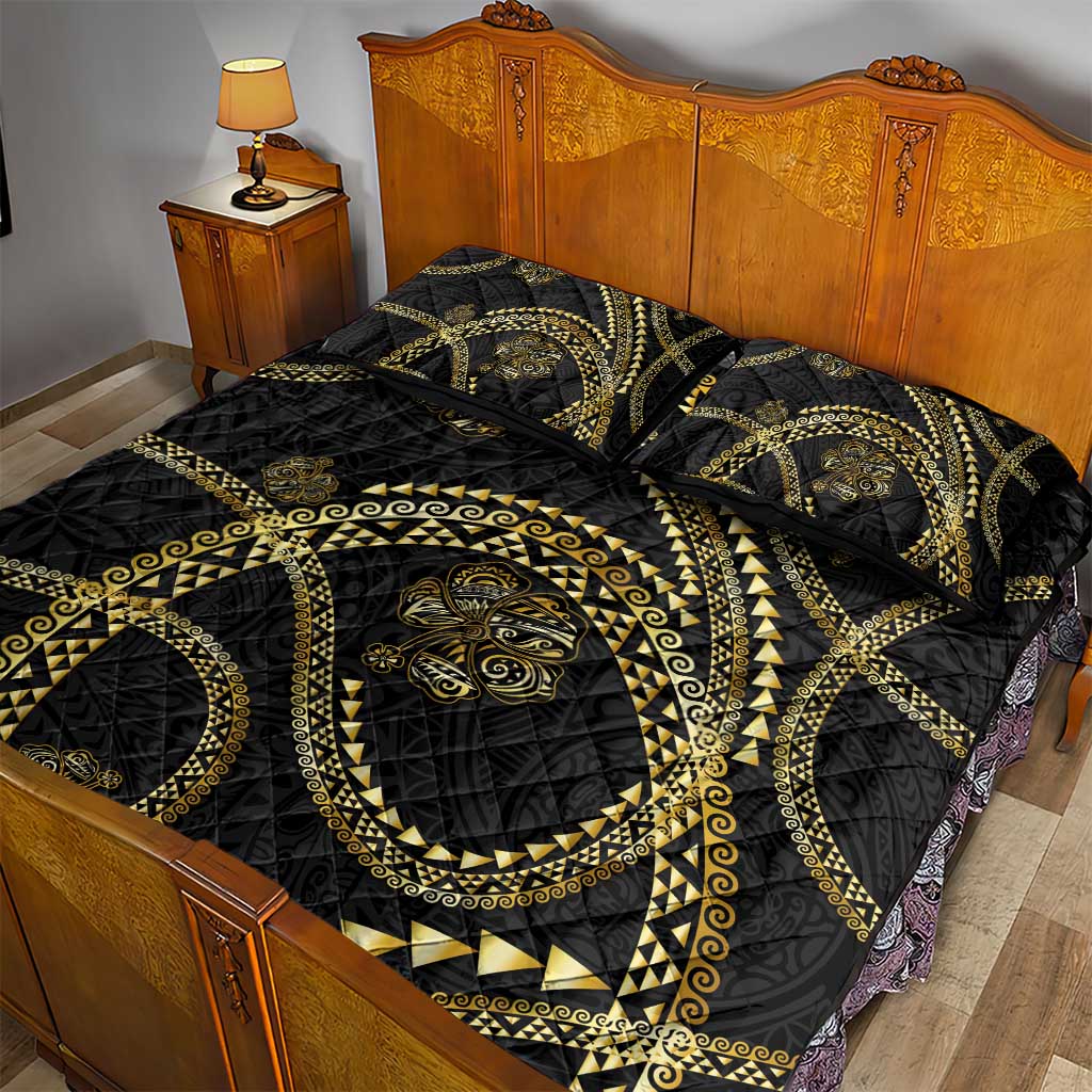 Hawaiian Kakau Art and Hisbiscus Tattoo Quilt Bed Set Tribal Pattern-Gold Style - Polynesian Pride