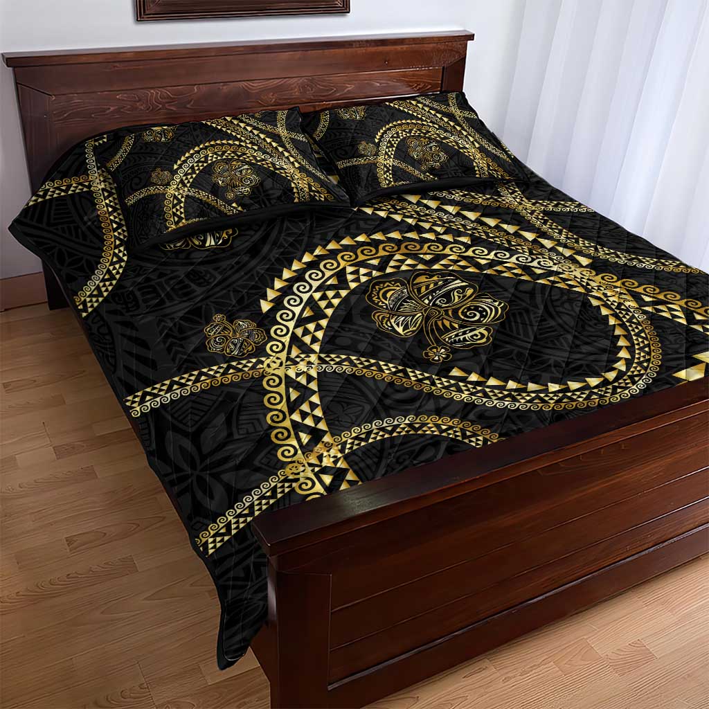Hawaiian Kakau Art and Hisbiscus Tattoo Quilt Bed Set Tribal Pattern-Gold Style - Polynesian Pride