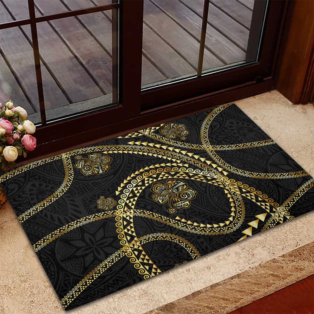 Hawaiian Kakau Art and Hisbiscus Tattoo Rubber Doormat Tribal Pattern-Gold Style - Polynesian Pride