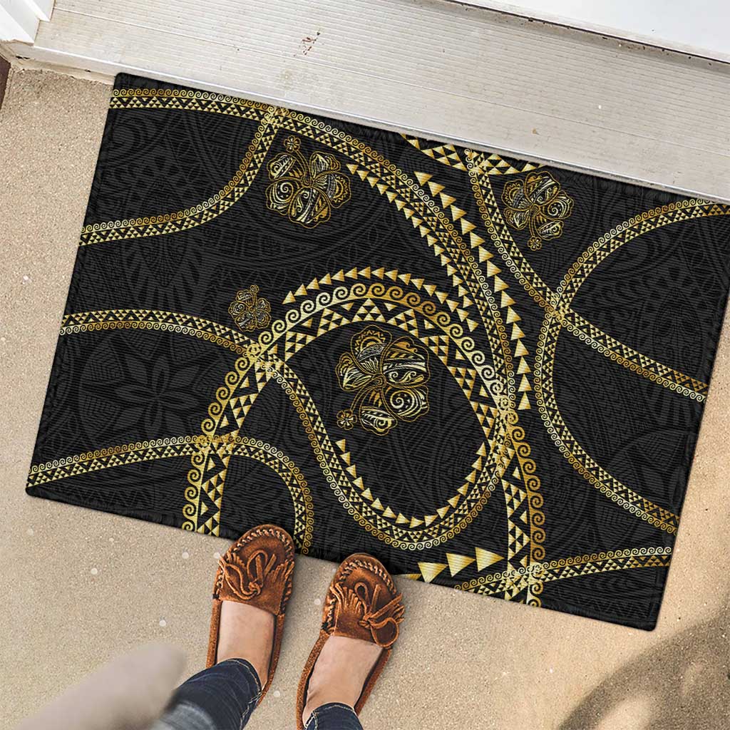 Hawaiian Kakau Art and Hisbiscus Tattoo Rubber Doormat Tribal Pattern-Gold Style - Polynesian Pride