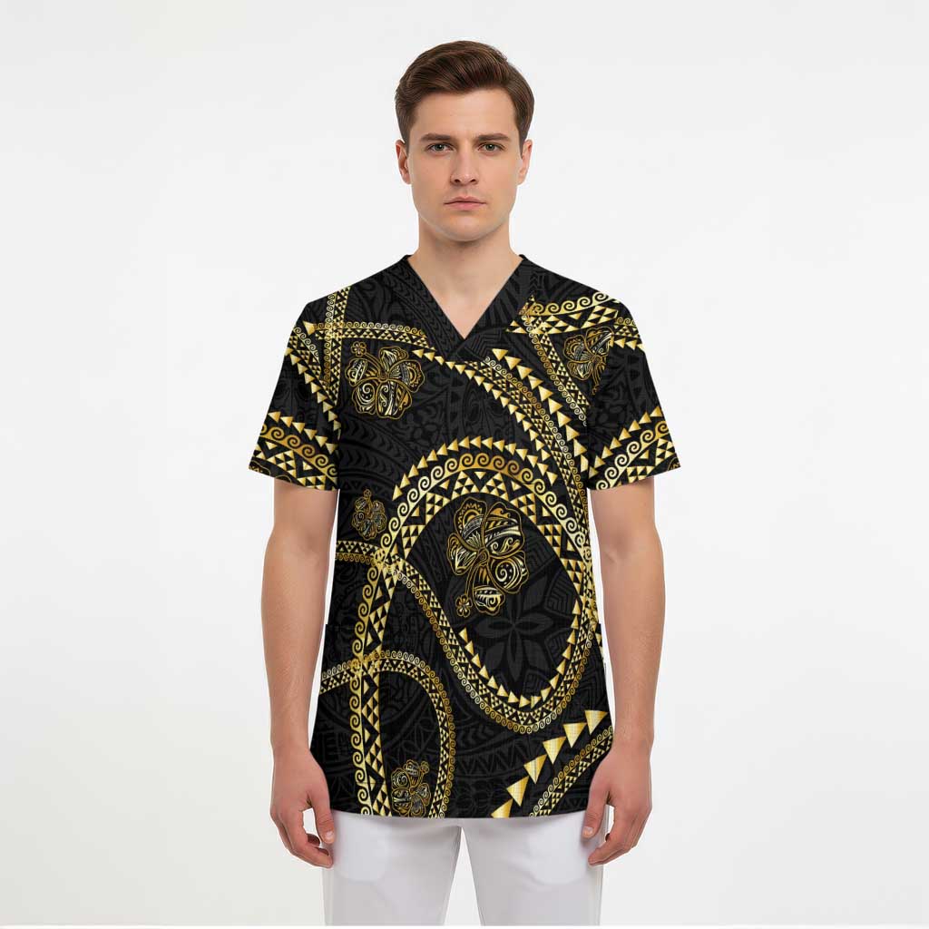 Hawaiian Kakau Art and Hisbiscus Tattoo Scrub Top Tribal Pattern-Gold Style - Polynesian Pride
