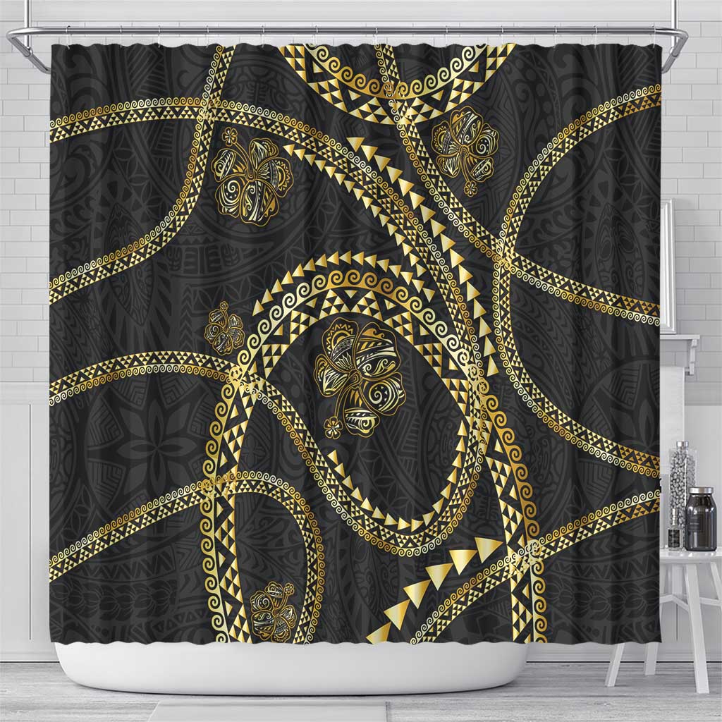 Hawaiian Kakau Art and Hisbiscus Tattoo Shower Curtain Tribal Pattern-Gold Style - Polynesian Pride