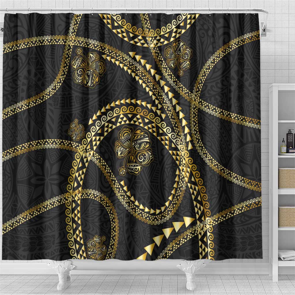 Hawaiian Kakau Art and Hisbiscus Tattoo Shower Curtain Tribal Pattern-Gold Style - Polynesian Pride