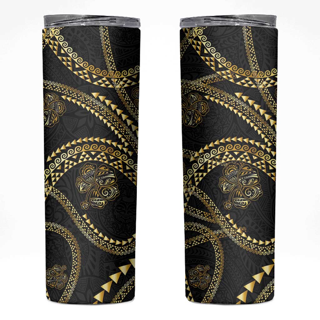 Hawaiian Kakau Art and Hisbiscus Tattoo Skinny Tumbler Tribal Pattern-Gold Style - Polynesian Pride