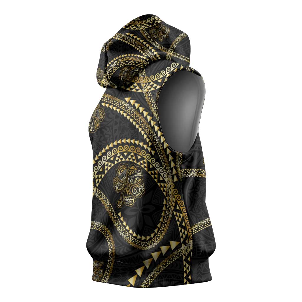 Hawaiian Kakau Art and Hisbiscus Tattoo Sleeveless Hoodie Tribal Pattern-Gold Style - Polynesian Pride