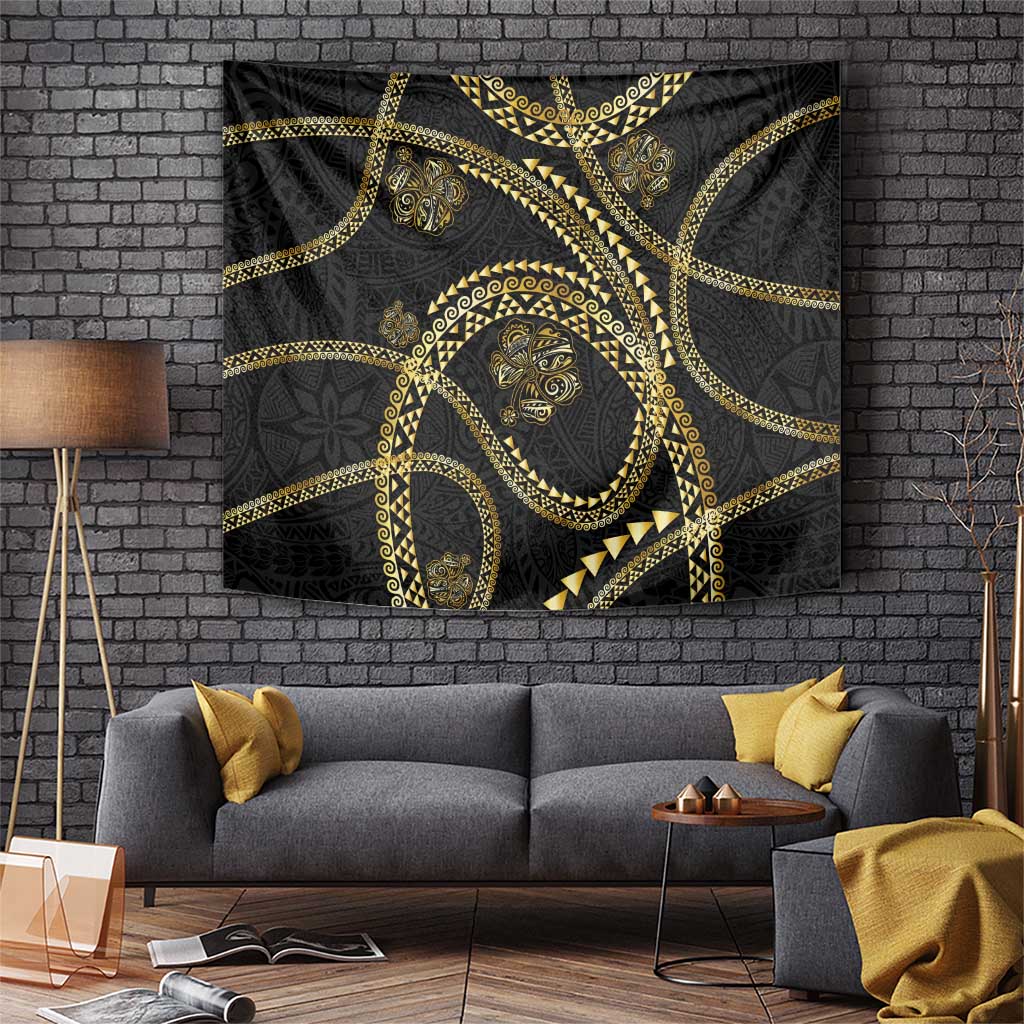 Hawaiian Kakau Art and Hisbiscus Tattoo Tapestry Tribal Pattern-Gold Style - Polynesian Pride