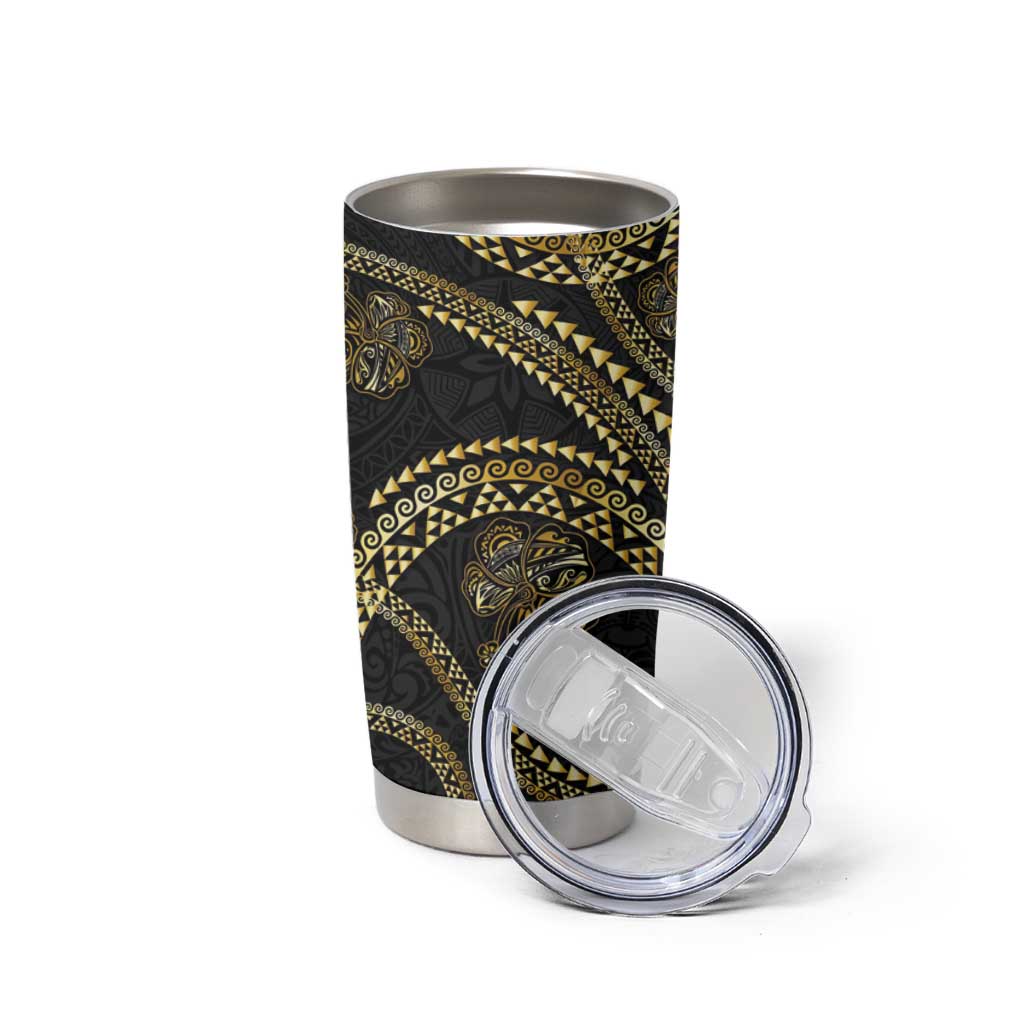 Hawaiian Kakau Art and Hisbiscus Tattoo Tumbler Cup Tribal Pattern-Gold Style - Polynesian Pride