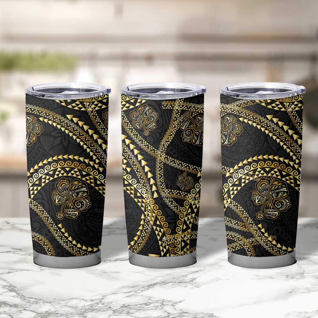 Hawaiian Kakau Art and Hisbiscus Tattoo Tumbler Cup Tribal Pattern-Gold Style - Polynesian Pride