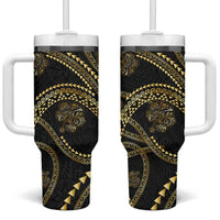 Hawaiian Kakau Art and Hisbiscus Tattoo Tumbler With Handle Tribal Pattern-Gold Style - Polynesian Pride
