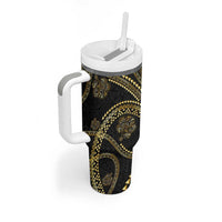 Hawaiian Kakau Art and Hisbiscus Tattoo Tumbler With Handle Tribal Pattern-Gold Style - Polynesian Pride