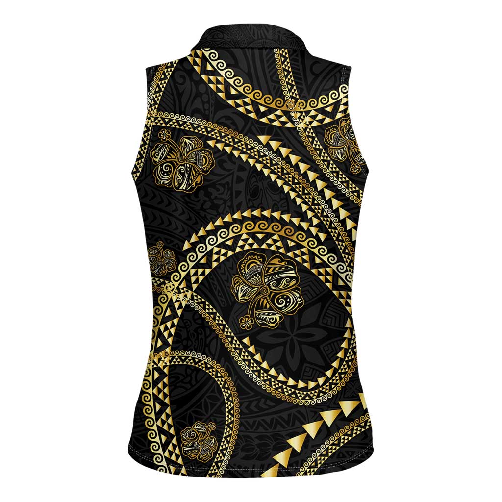 Hawaiian Kakau Art and Hisbiscus Tattoo Women Sleeveless Polo Shirt Tribal Pattern-Gold Style - Polynesian Pride