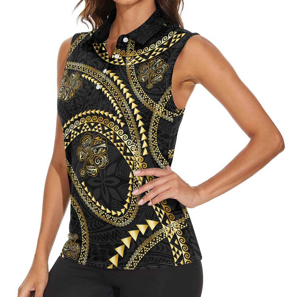 Hawaiian Kakau Art and Hisbiscus Tattoo Women Sleeveless Polo Shirt Tribal Pattern-Gold Style - Polynesian Pride